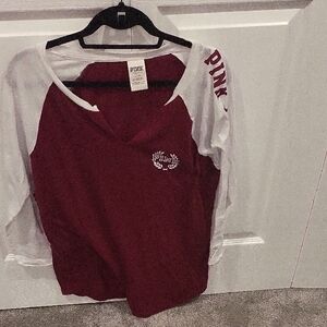 PINK Victoria's Secret Burgundy and White Long Sleeve Tee